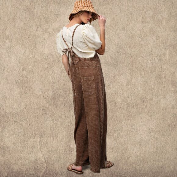 EASEL "Here I Am" Mineral Washed Wide Leg Jumpsuit Adjustable Tie Straps Pockets - Picture 5 of 16